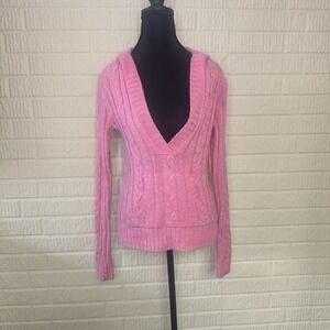 Aeropostale Y2K Vintage Size M Cable Knit V Neck Hooded Sweater Sz M Hot Pink